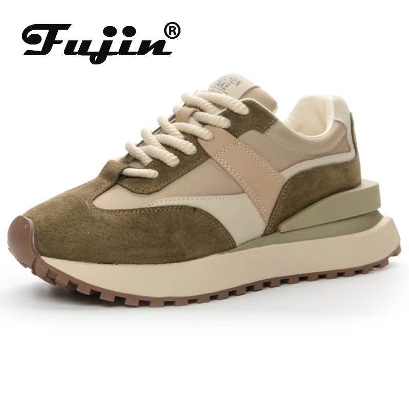 

Fujin 4.5cm Pigskin Cloth Synthetic High Brand Comfy Loafer Platform Flats Fashion Vulcanize Chunky Sneaker Women Shoes Leather