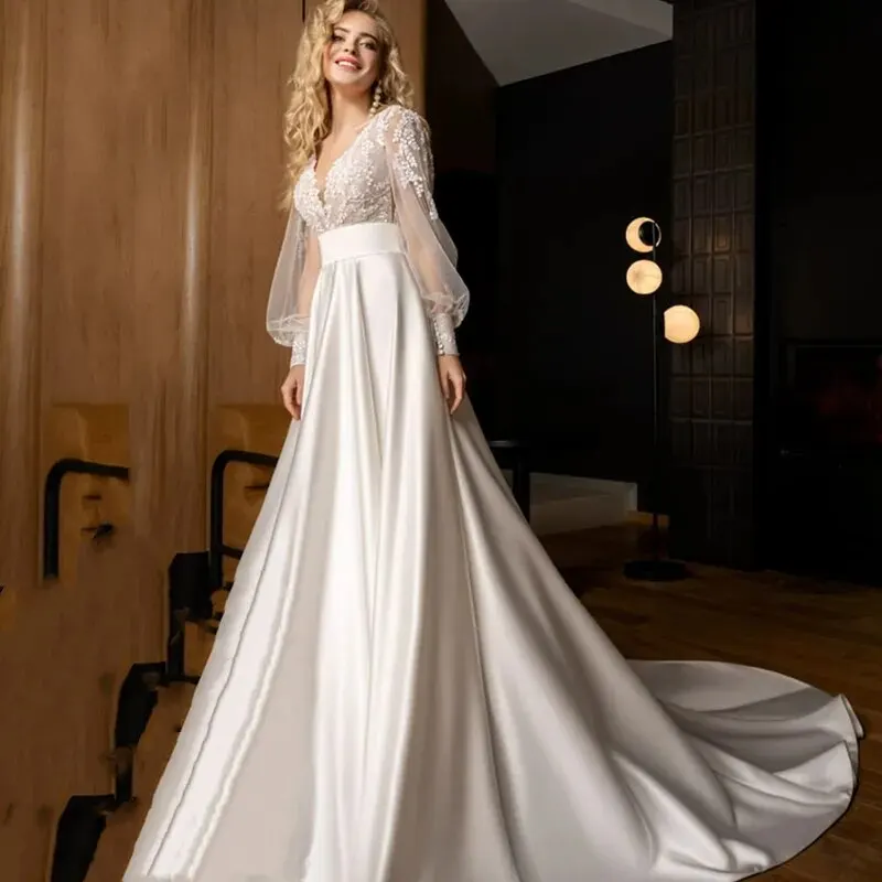 

V-Neck A-Line Wedding Dress Beads Long Sleeves Top Lace Boho Backless Satin Wedding Gowns For Bridal Robe De Mariee