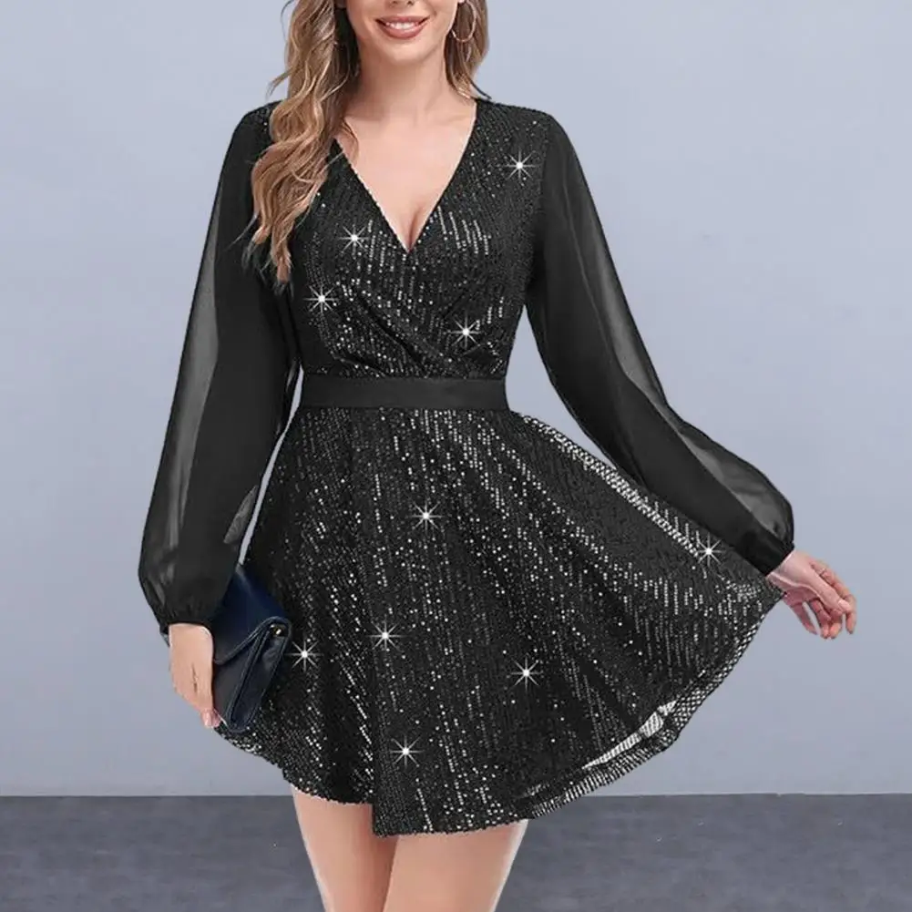 Women Evening Dress V Neck Long Sleeve Belted Tight Waist A-line Big Swing Solid Color Double-layered Above Knee Length Party Pr
Women Evening Dress V Neck Long Sleeve Belted Tight Waist A-line Big Swing Solid Color Double-layered Above Knee Length Party Pr
