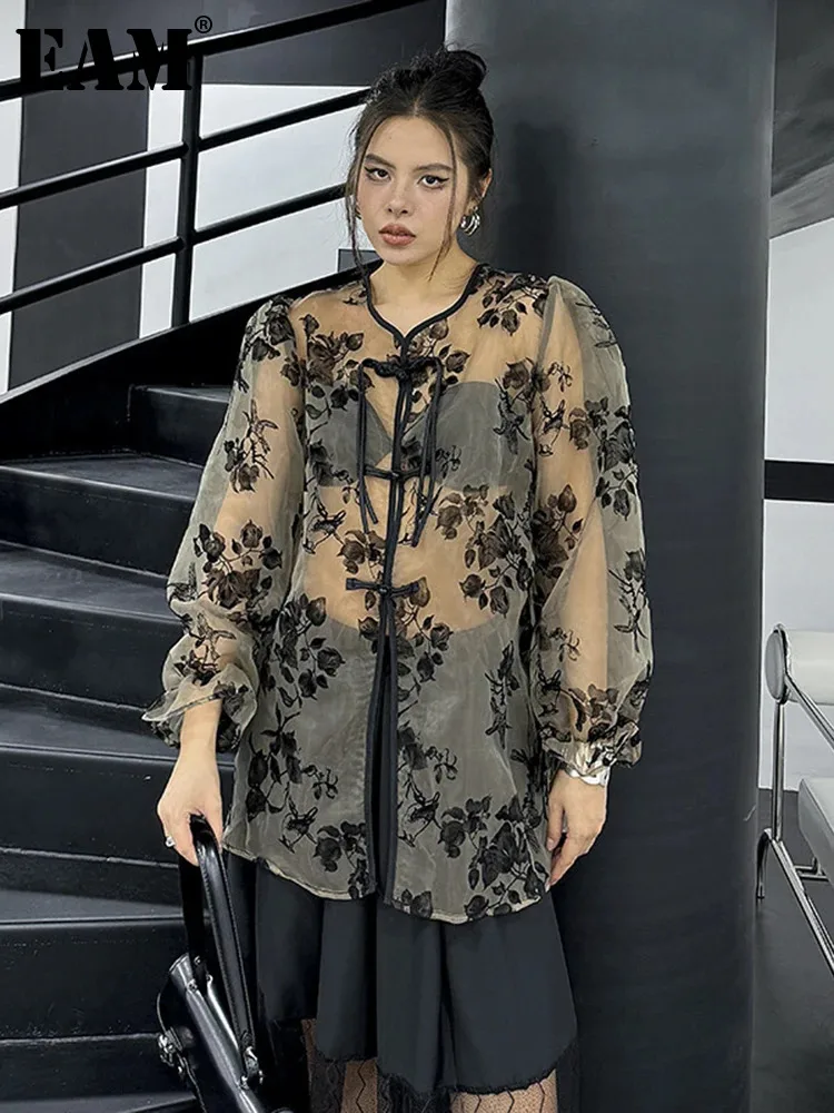 

[EAM] Women Apricot Organza Big Size Elegant Blouse New Round Neck Long Sleeve Shirt Fashion Tide Spring Autumn 2024 1DH5337