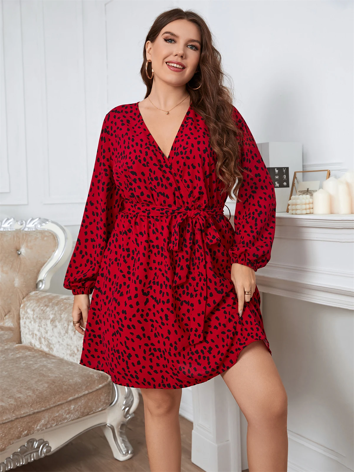 Deep V Collar Printed Plus Size Autumn Clothes Elastic High Waist Mini Dress Long Lantern Sleeve Bright Color Woman Clothing
Deep V Collar Printed Plus Size Autumn Clothes Elastic High Waist Mini Dress Long Lantern Sleeve Bright Color Woman Clothing