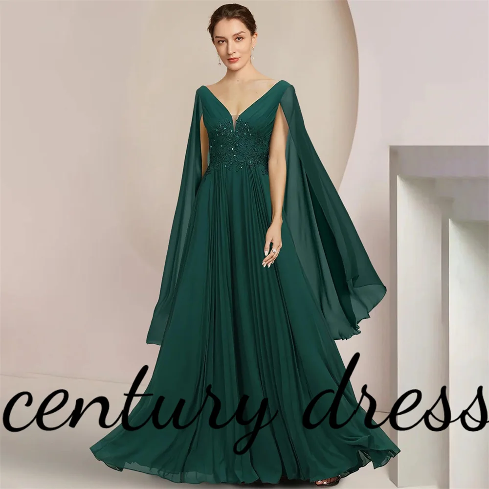 

A-Line Mother of the Bride Dress Elegant V Neck Floor Length Formal Wedding Guest Chiffon Lace with Pleats Sequin Appliques