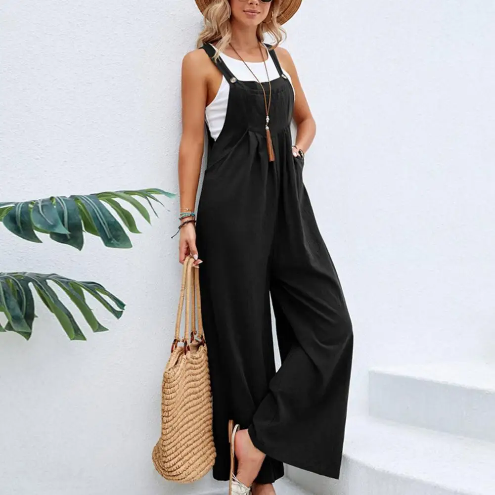 

Suspender Jumpsuit Loose Solid Color Sleeveless with Pockets Long Bib Pants Wide Leg Jumpsuits Outdoor Casual Backless Overalls