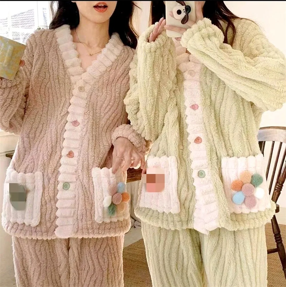 

Autumn Winter Warm Flannel Fleecing Women Pyjamas Sets Thicken Rainbow Coral Velvet Homewear Long Sleeve Cute Sleepwear Suit