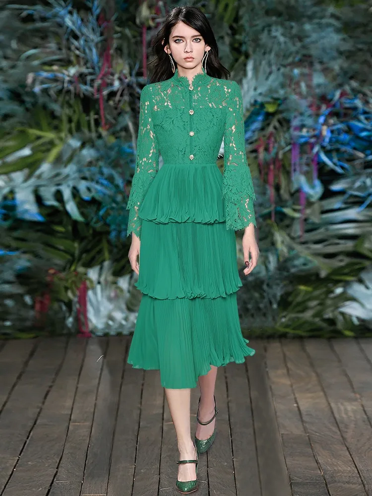 

Spring Female Runway High Quality Fashion Party Green Lace Pleated Hollow Out Cake Tassels Pretty Chic Flare Sleeve Midi Dress