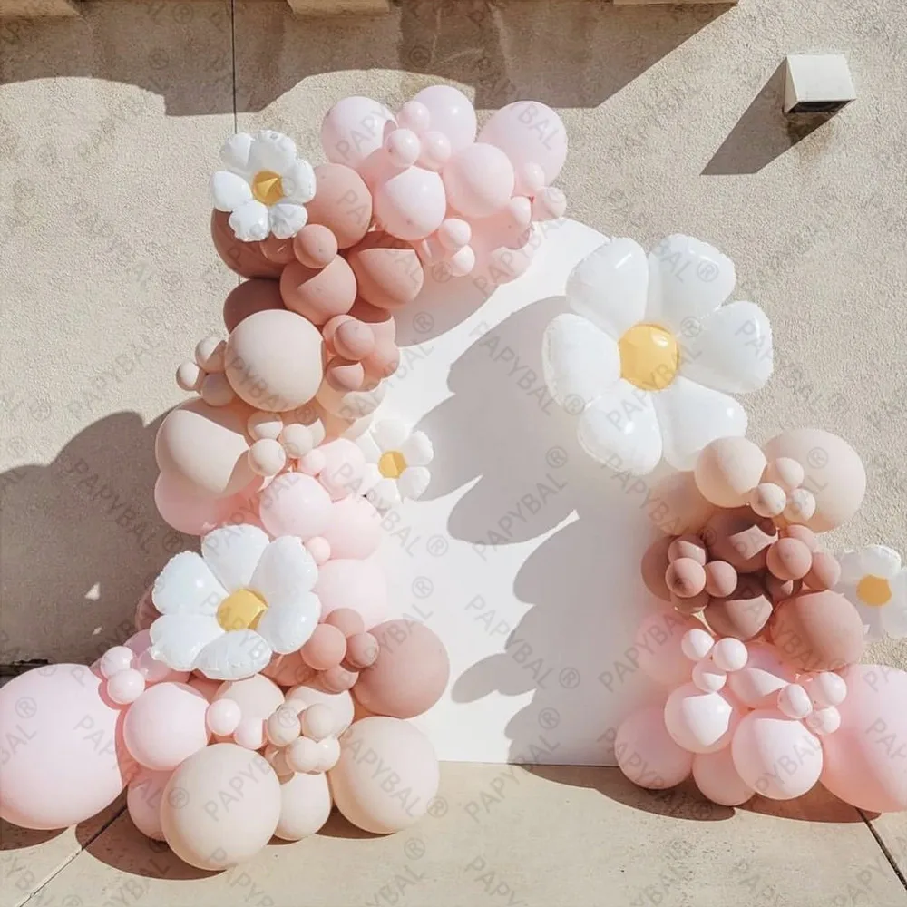 

109PCS White Flower Daisy Theme Arch Garland Balloons Retro Pink Peach Latex Balloon Anniverary Kids Birthday Party Decor Gifts