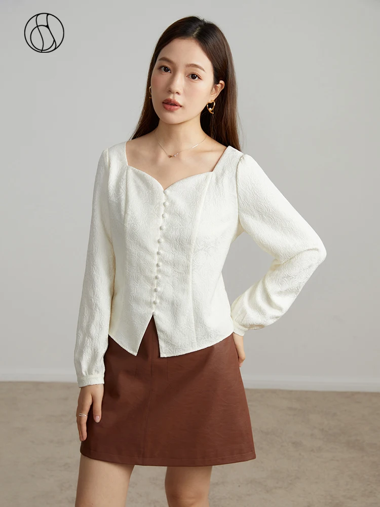 

DUSHU Women's Elegant French Jacquard Shirt 2023 Autumn New Product White Lazy Style Tops For Women White Office Lady Tops