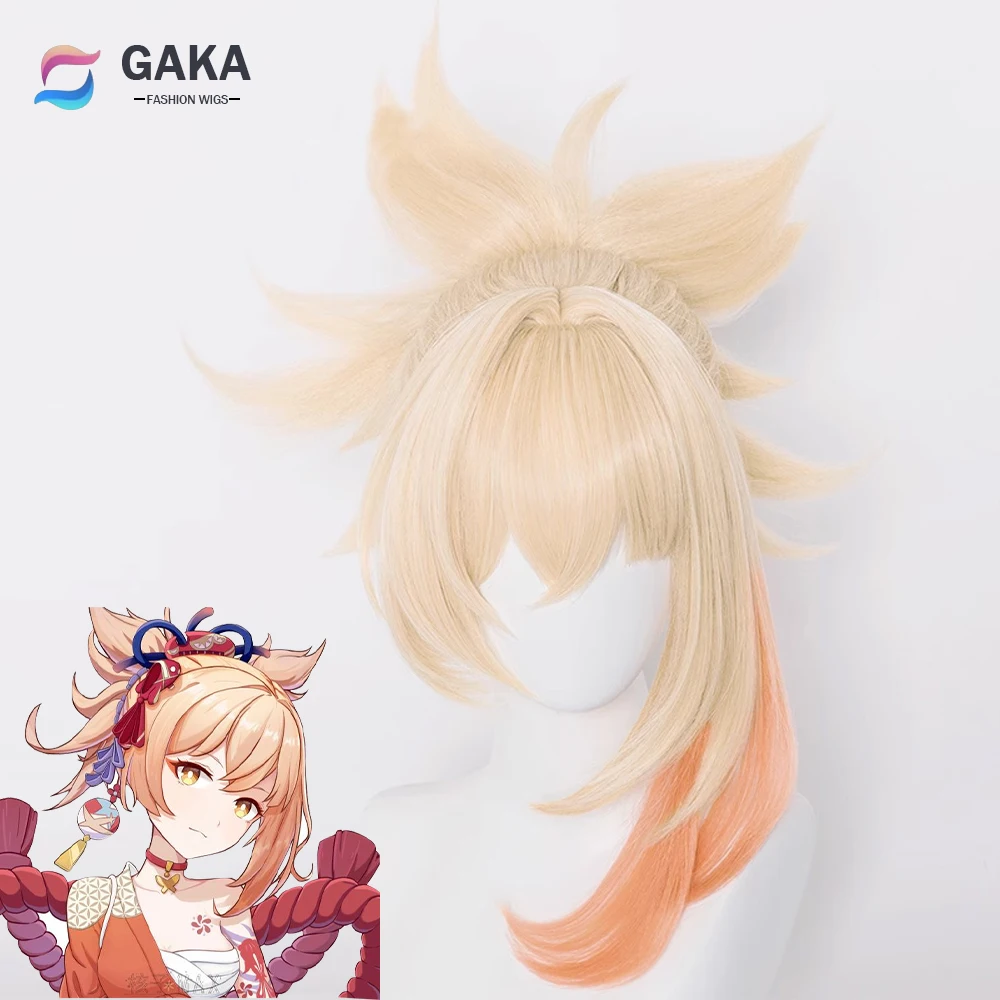 

GAKA Game Genshin Impact Yoimiya Wig Synthetic Long Straight Ombre Blonde Orange Cosplay Hair Wig for Daily Party