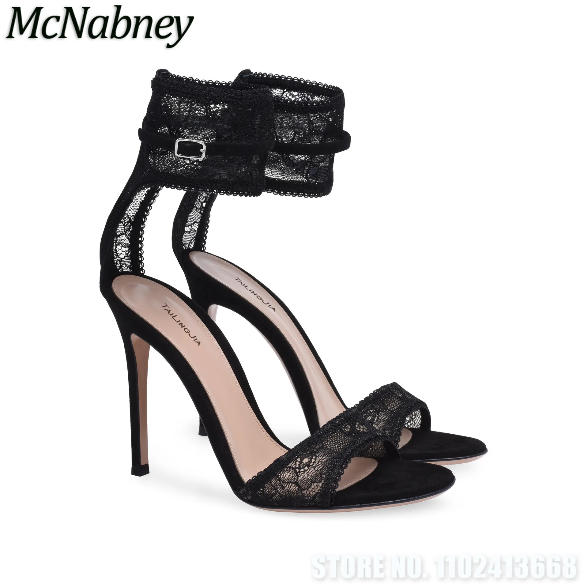 

Black Sexy Mesh Lace High Heels Peep Toe Stiletto Heel Sandals Ankle Lace Strap Buckle Narrow Bands Concise Lady Party Pumps