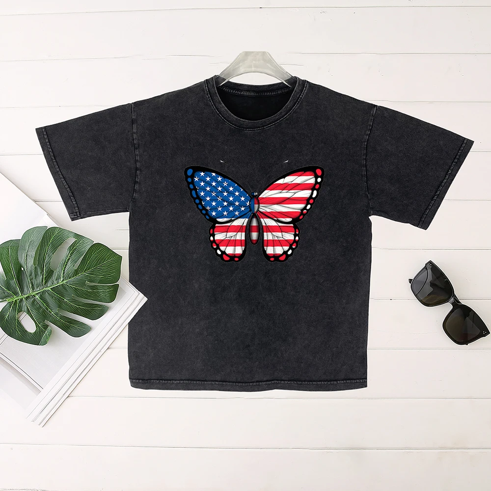 

Seeyoushy American Flag Element Butterfly Print New Summer Women's Short-sleeved O-neck Top Y2K Women's Tshirtr Independence Day
