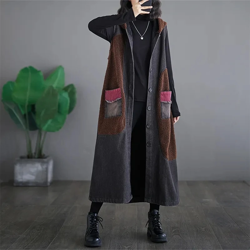 Women's Fashion Lamb Wool Patchwork Sleeveless Hooded Jacket Streetwear Denim Long Waistcoat Fleece Thicken Single Breasted Vest
Women's Fashion Lamb Wool Patchwork Sleeveless Hooded Jacket Streetwear Denim Long Waistcoat Fleece Thicken Single Breasted Vest