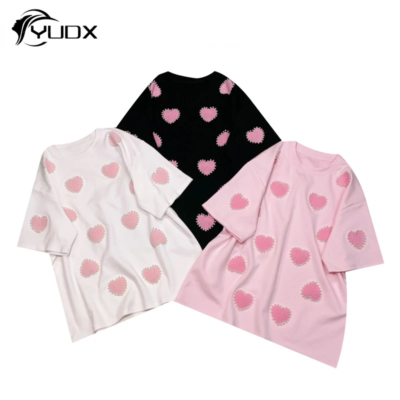 

YUDX Original 2024 New Spring Summer Women Short Sleeve T-shirt Love Printed Beading Casual Pullover Top Mid-long Cotton Tees