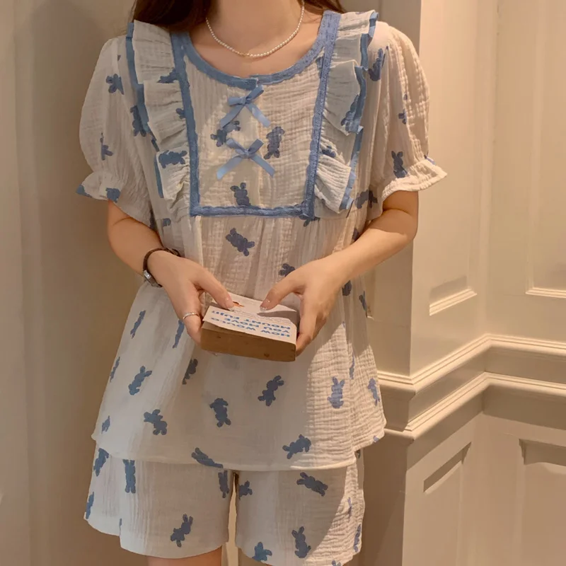 Print Cartoon Rabbit Summer Lace Sleepwear Ins Girlish Style Cute Short Sleeved Pajama Set Women Elegant Casual Two Piece Set
Print Cartoon Rabbit Summer Lace Sleepwear Ins Girlish Style Cute Short Sleeved Pajama Set Women Elegant Casual Two Piece Set