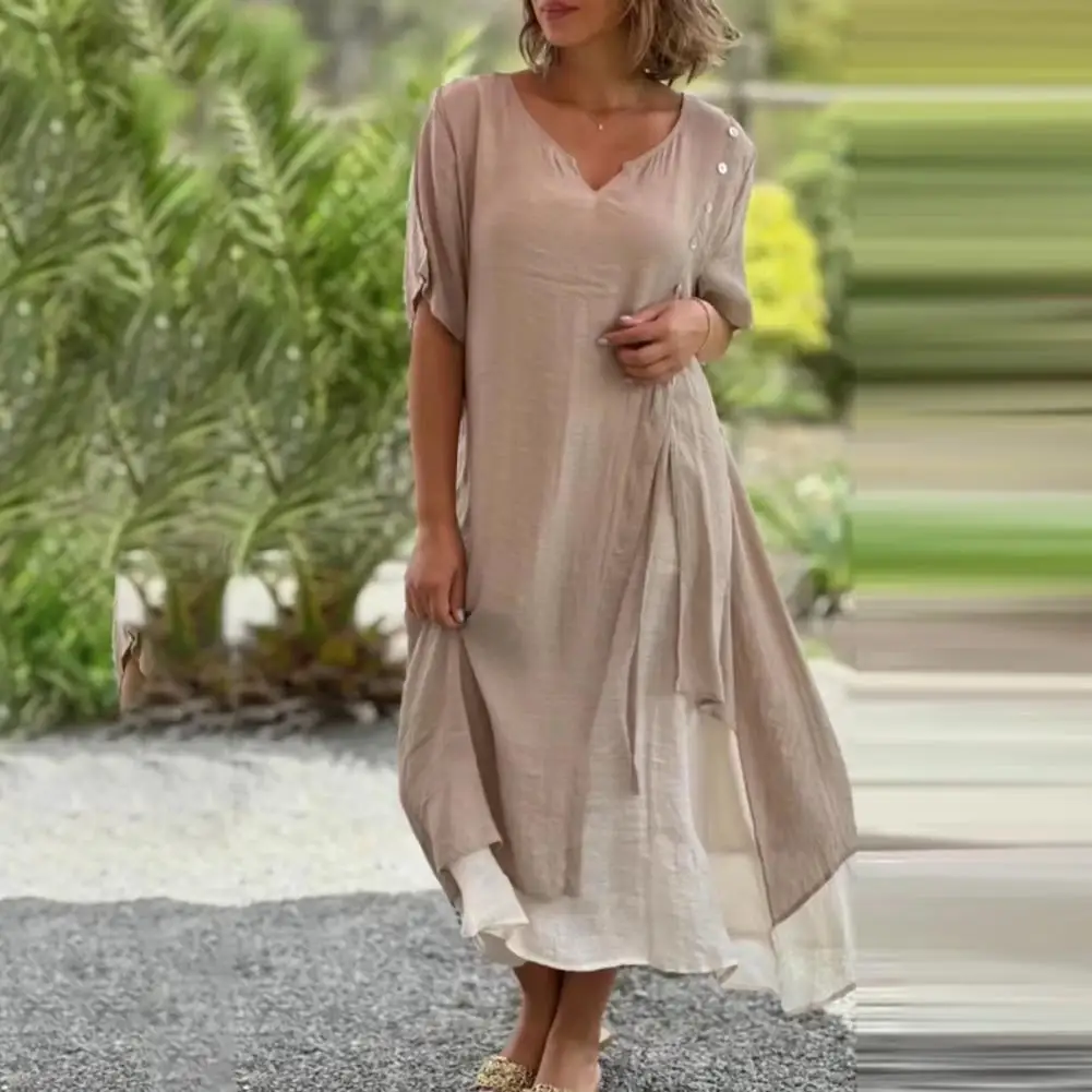 

Breathable Cotton Linen Dress Flowy Hem Women's V-neck Midi Dress with Asymmetrical Fake Two Pieces Design Button Decorated