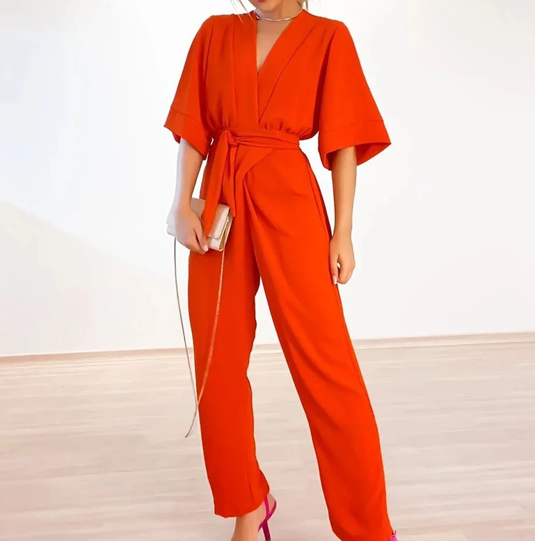 

Women's Casual Jumpsuit Summer Elegant Sweet Solid Color Loose V-neck Flared Short Sleeved Tie Details Straight Pants Jumpsuit