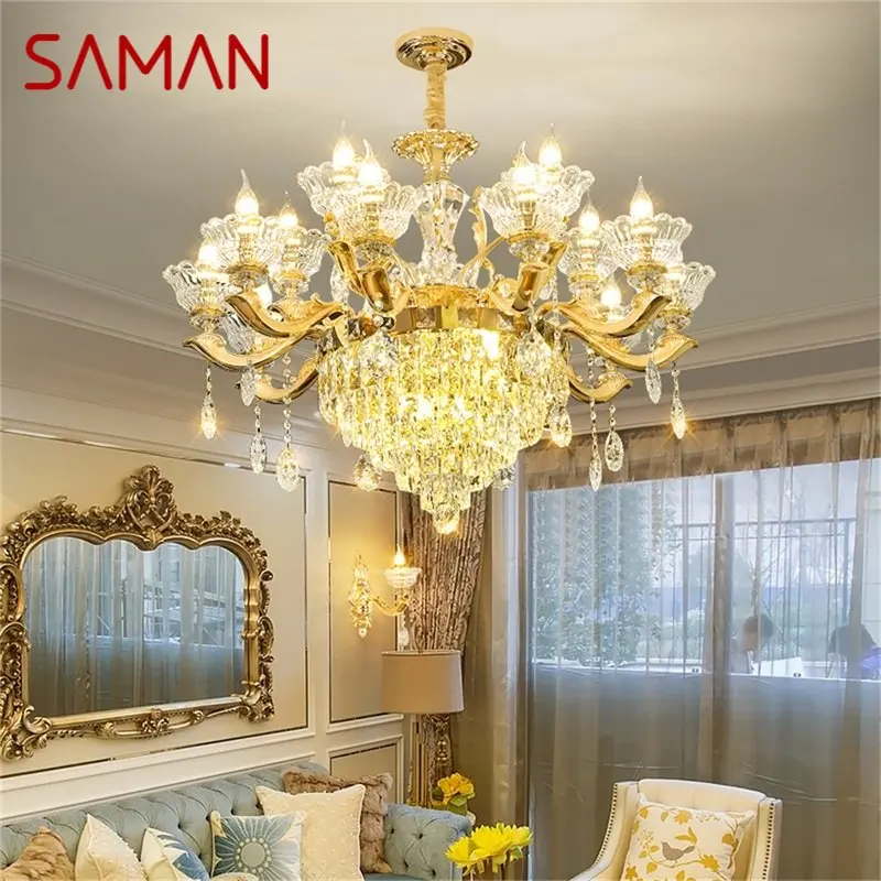 

SAMAN Contemporary Chandelier Gold Luxury Candle Pendant Lamp LED Crystal Fixtures for Home Living Room Bedroom Decor