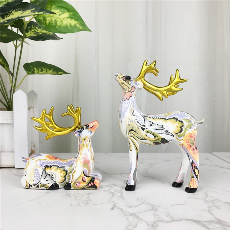 

Christmas Decoration Resin Colorful Elk Deer Figurines Sculpture Collection Reindeer Home Decor for Living Room Office Desktop