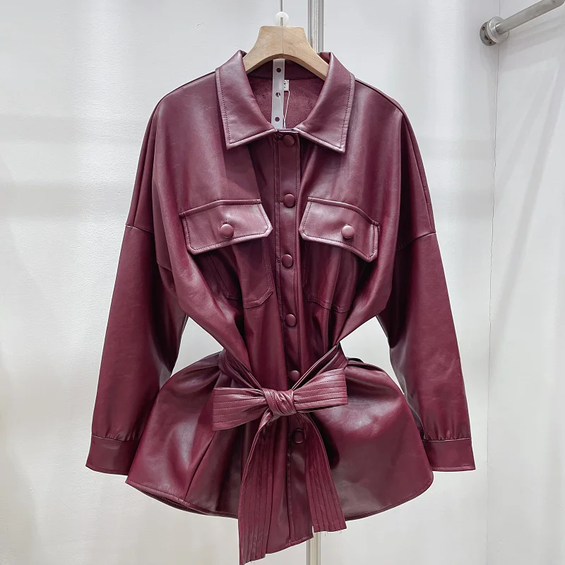 Korean Loose Mid-Length Women Wine Red Faux Leather Jacket With Belt Lapel Single-breasted Long Sleeve PU Leather Biker Jacket
Korean Loose Mid-Length Women Wine Red Faux Leather Jacket With Belt Lapel Single-breasted Long Sleeve PU Leather Biker Jacket