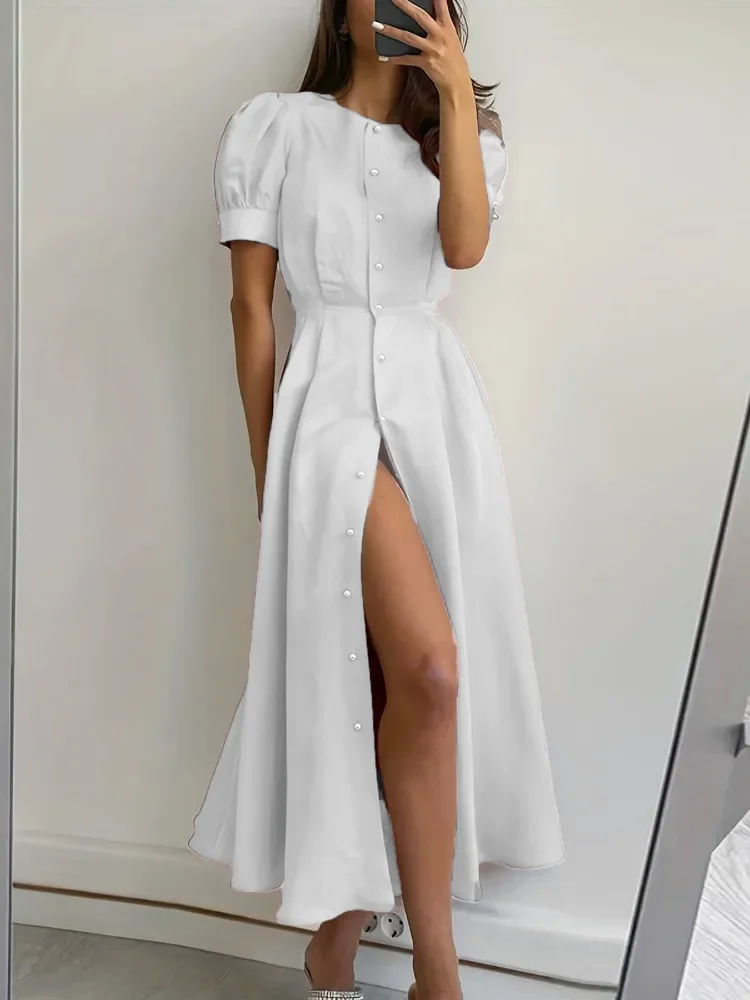 Summer Solid High-waisted Princess Sleeve Fashion Women Dresses Temperament Slim Waist Cardigan Button Midi Dress Vestidos Robe
Summer Solid High-waisted Princess Sleeve Fashion Women Dresses Temperament Slim Waist Cardigan Button Midi Dress Vestidos Robe
