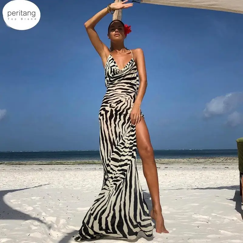 

Spaghetti Strap Zebra Summer Maxi Dresses For Women Sexy Backless Beach Dress Boho Striped Casual Long Dress With Slit Female