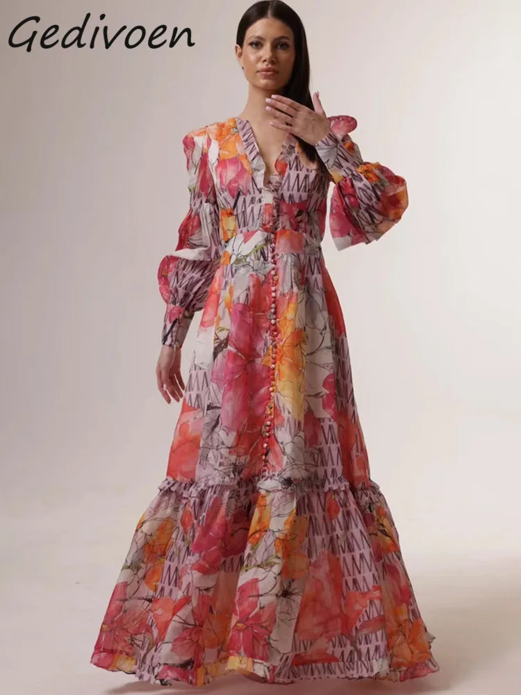 Gedivoen Summer Fashion Runway Vintage Floral Print Dress Women V Neck Long Sleeve Single Breasted Ruffles High Waist Long Dress
Gedivoen Summer Fashion Runway Vintage Floral Print Dress Women V Neck Long Sleeve Single Breasted Ruffles High Waist Long Dress
