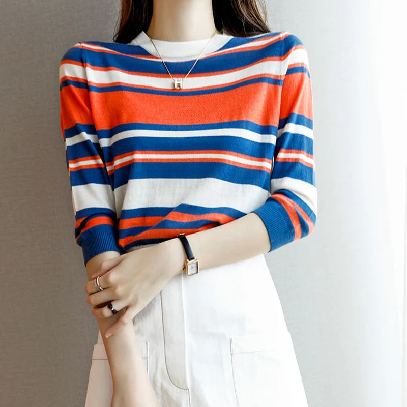 

Spring Summer Round Neck Fashion Three Quarter T-shirt Women High Street Striped Contrast Color Pullovers Elegant Knitting Tops