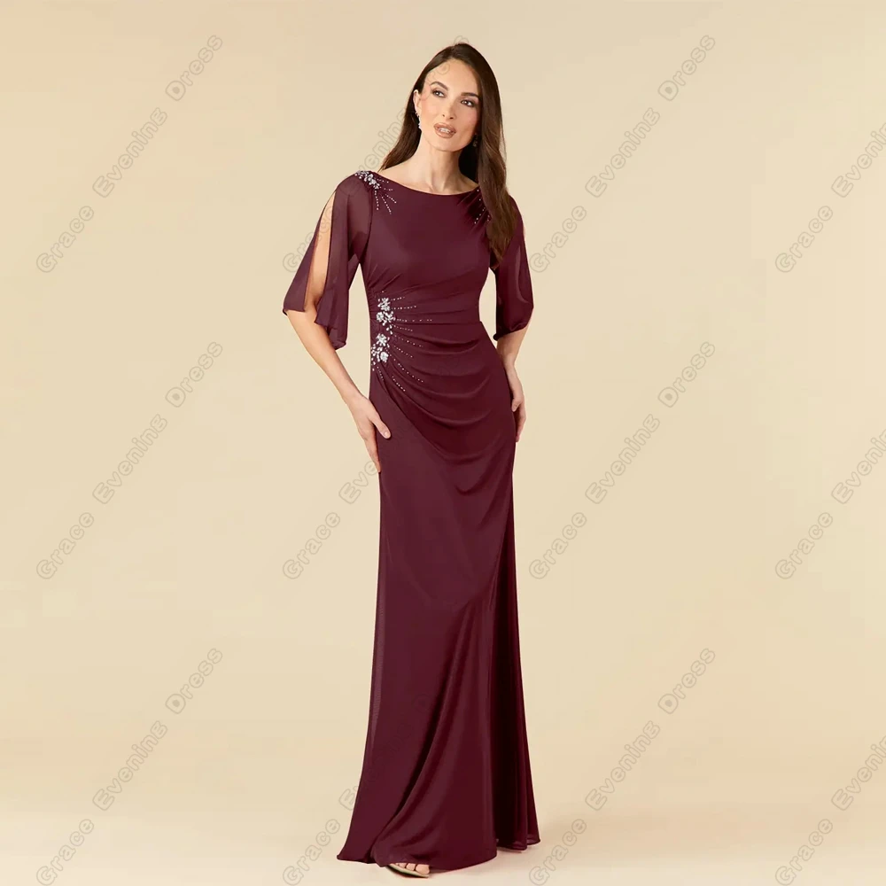 

Scoop Burgundy Mother of Bride Dresses for Women Chiffon Wedding Party Dresses with Beading 2024 Summer New Robe De Soirée