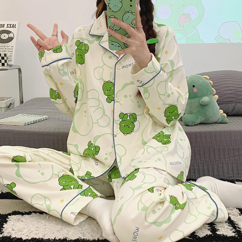 Cartoon Dinosaur Print Women Pajamas Sets Clothes Sweet Sleepwear Button Cotton Adult Pijama Loungewear Pyjama Pour Femme
Cartoon Dinosaur Print Women Pajamas Sets Clothes Sweet Sleepwear Button Cotton Adult Pijama Loungewear Pyjama Pour Femme
