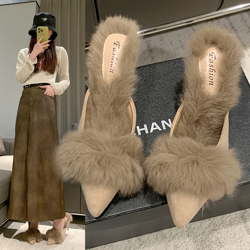 

Slippers Women Winter 2023 New Plush Warm Women's Slippers Sexy Pointed Toe Mules Fashionable Furry Thin Heel Party High Heels