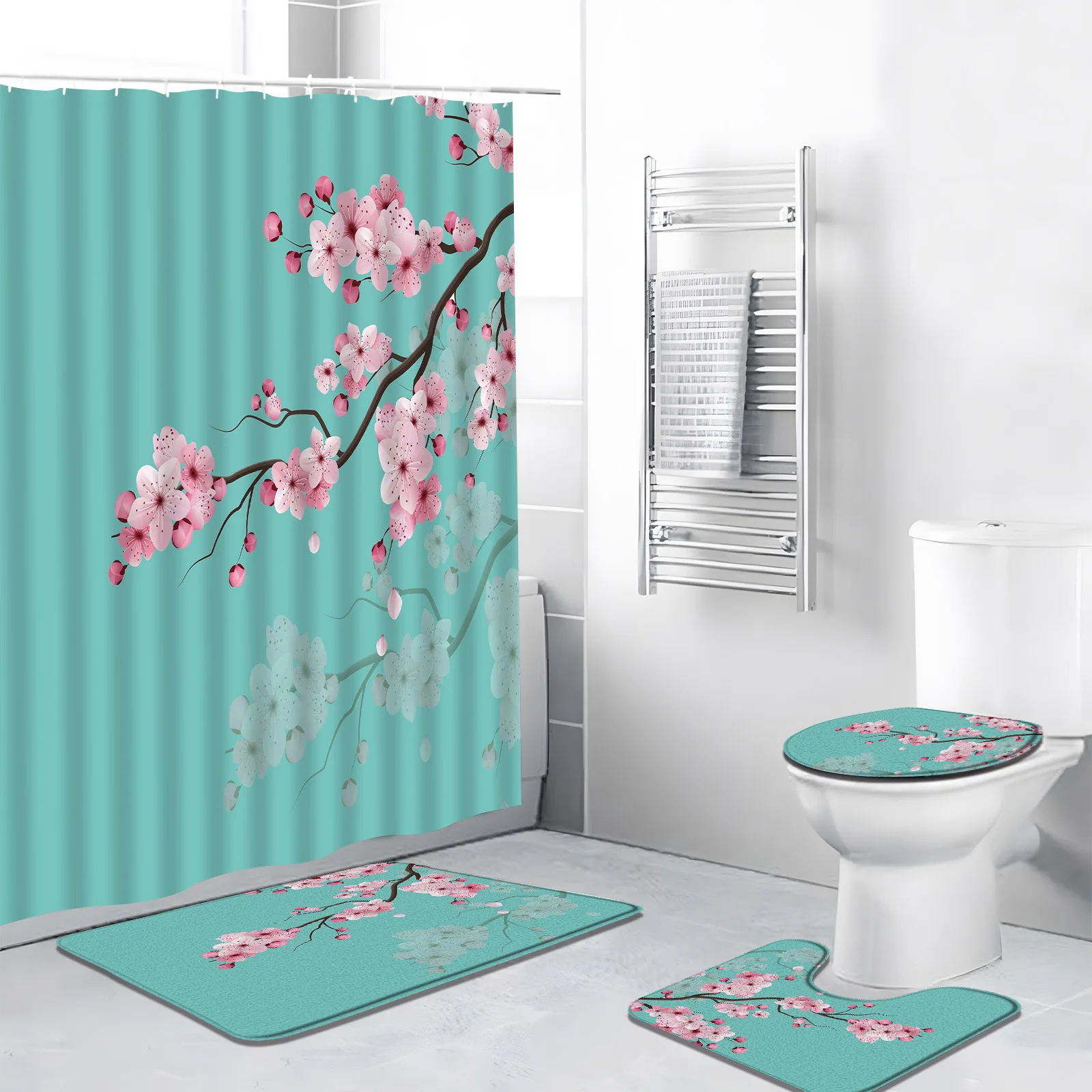 

4pcs/Set Cherry Blossom Shower Curtain Japanese Floral Sakura Plum Flower Teal Pink Bathroom Decor Bath Mat Rug Toilet Cover