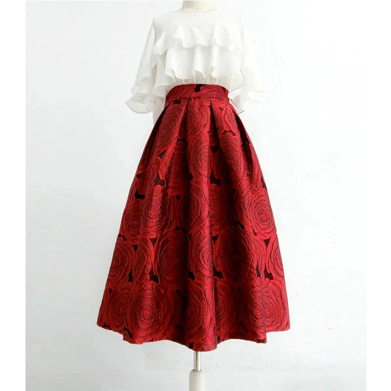 

Spring Autumn New Hepburn Safflower Vintage Elegant skirts Womens Faldas Aesthetic Jacquard High-waisted Long Midi Pleated Skirt
