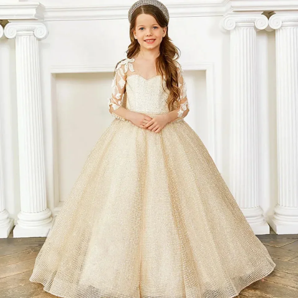

Princess Luxury Flower Girl Dress For Wedding Champagne Puffy Tulle Kids Birthday Party Beauty Pageant First Communion Ball Gown