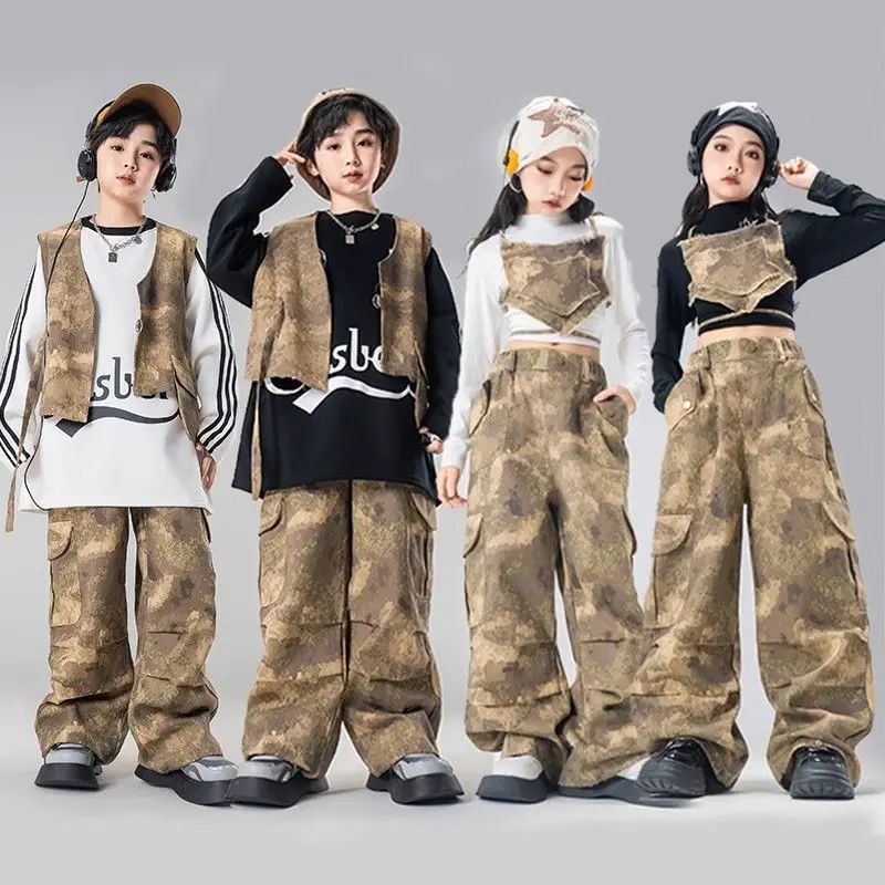 

Hip Hop Boys Camouflage Vest Cargo Pants Girls Cool Street Dance Clothes Sets Kids Jazz Costumes Children Military Streetwear