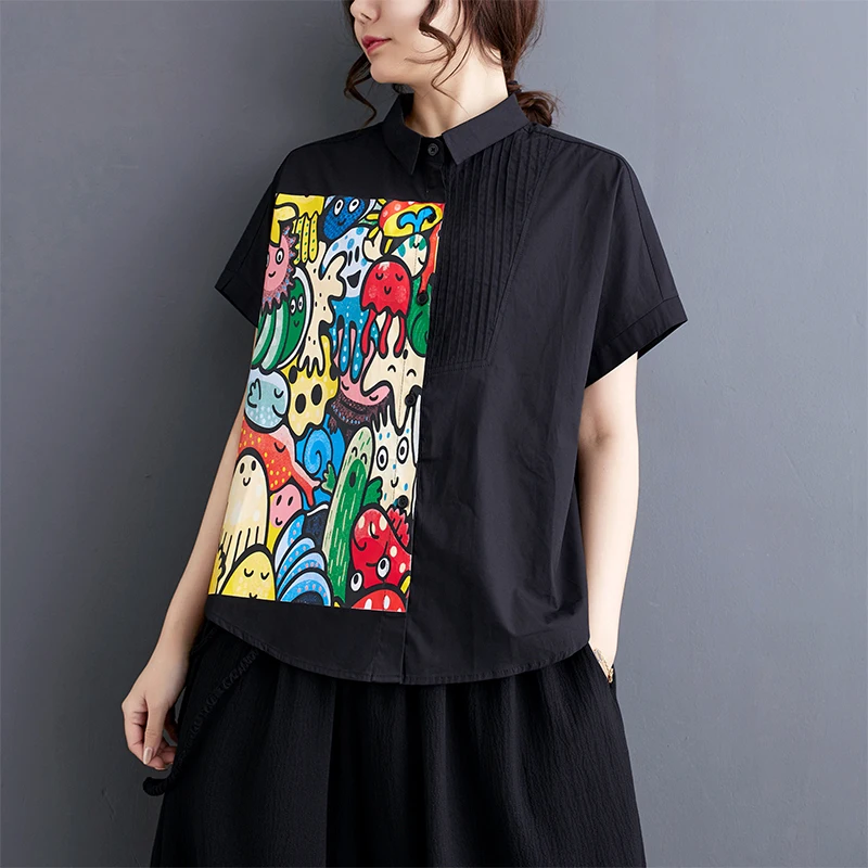 

Блузка женская свободного кроя, Повседневная рубашка в корейском и японском стиле, с мультяшным принтом, со складками, в стиле пэчворк, модная винтажная рабочая одежда, на лето
