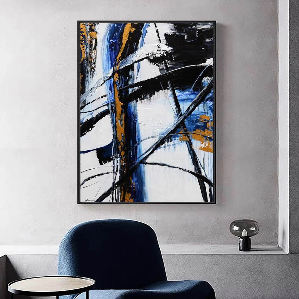 

Hand Painted Absatract Black White and Blue Oil Painting On Canvas Modern Textured Abstract Wall Art for Living Room Decoration