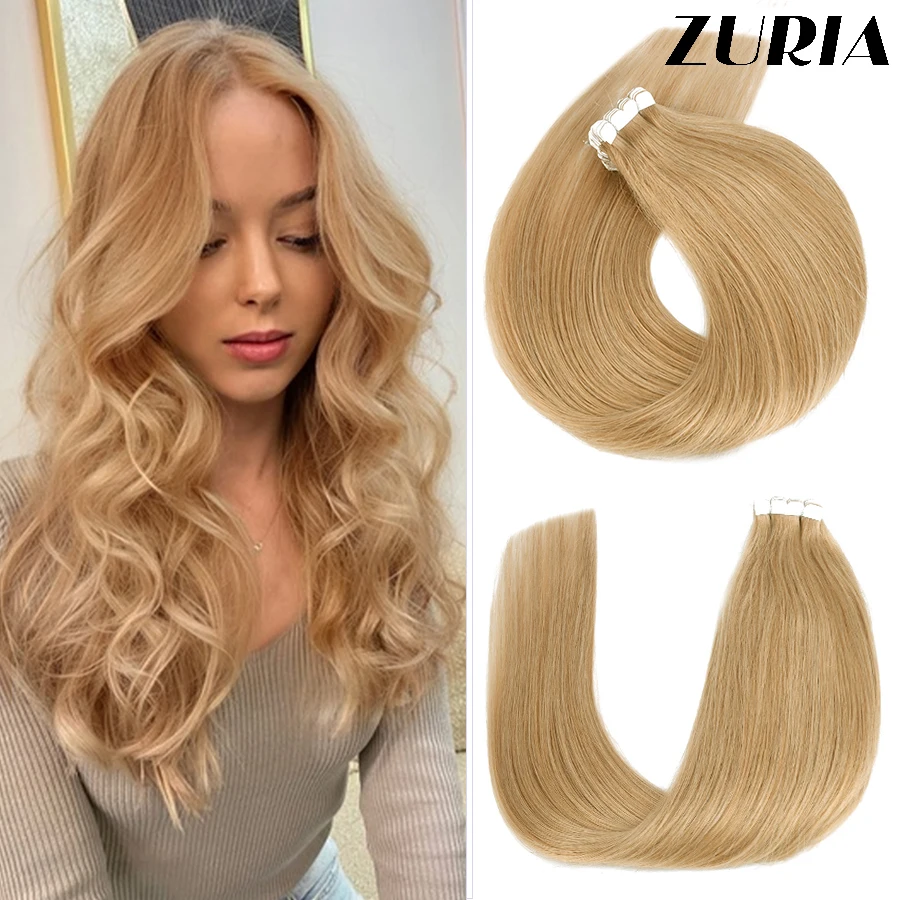 

ZURIA Mini Tape in Human Hair Extensions 10PCS Skin Weft Real Adhesive Straight Gule on 12-24'' Blonde Women Virgin Hairpieces