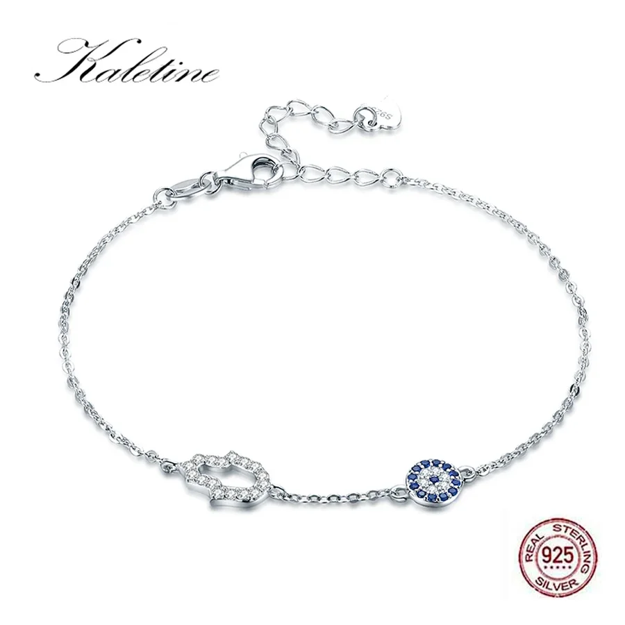 

Kaletine 925 Sterling Silver Hamsa Hand Evil Eye Charm Bracelet Good Luck Blue CZ Chain Link Bracelets For Women Turkish Jewelry