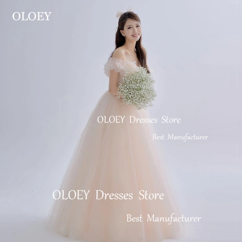 

OLOEY Off the Shoulder Blush Pink Prom Dresses Korea Fairy Tulle A Line Evening Gowns Garden Wedding Bride Dress Photoshoot