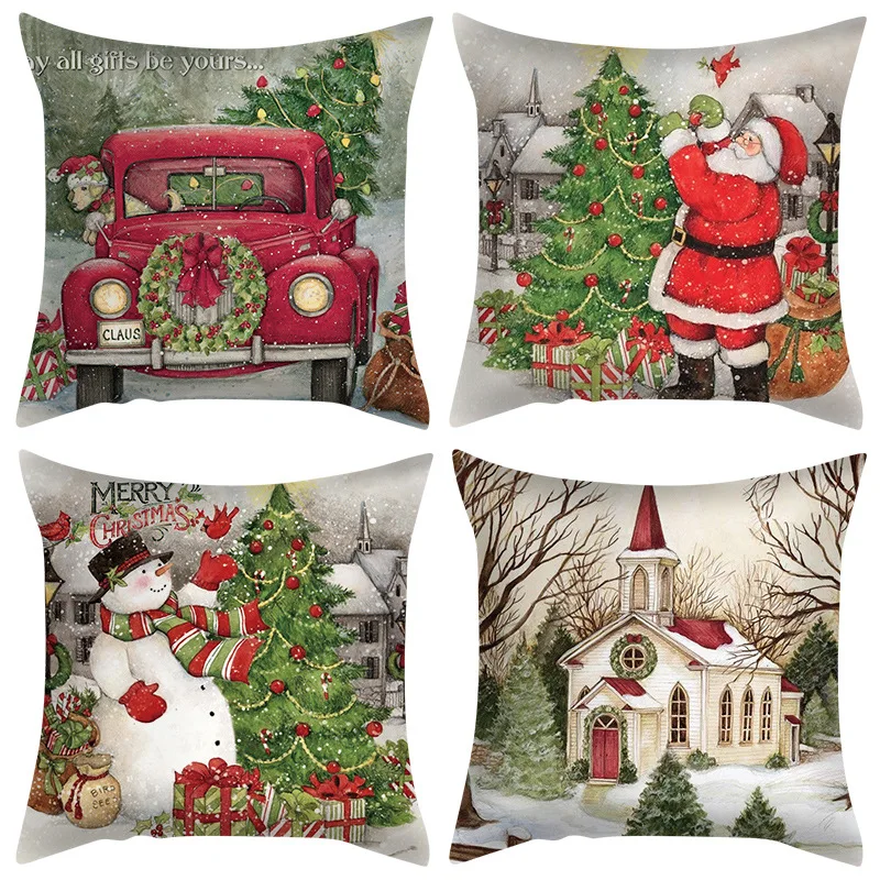 

45cm Classical Christmas Peach Pillow Cover Santa Claus Snowman Xmas Tree Pillow Case Merry Christmas 2024 Noel Decor For Home