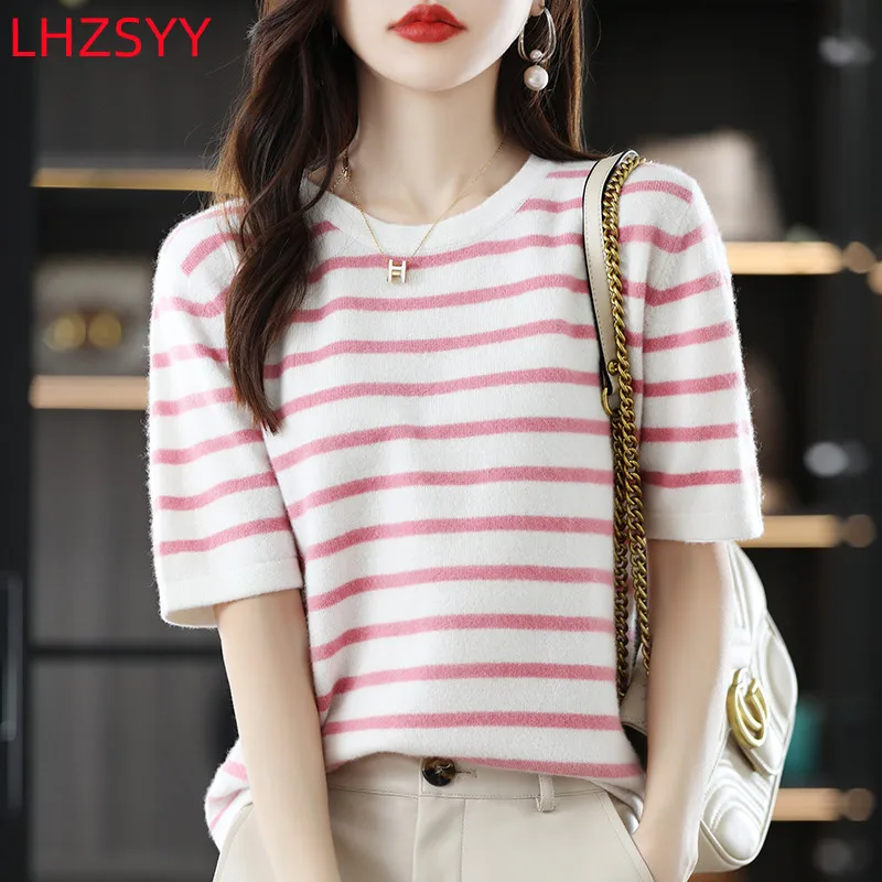 

LHZSYY Spring Autumn New Cashmere Sweater Women Stripe T-Shirt 100%Pure Wool Knit Sweater Loose Thin Pullover Short-Sleeve Trend