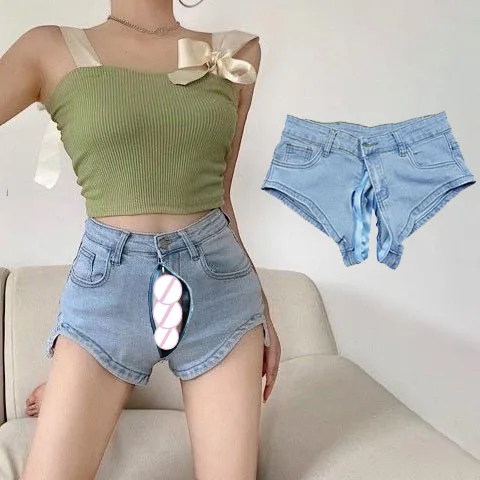 

Invisible Open Crotch Outdoor Sex Pants Boyfriend Jeans Women Sexy Irregular High Waist Denim Shorts Nightclub Disco HotPants