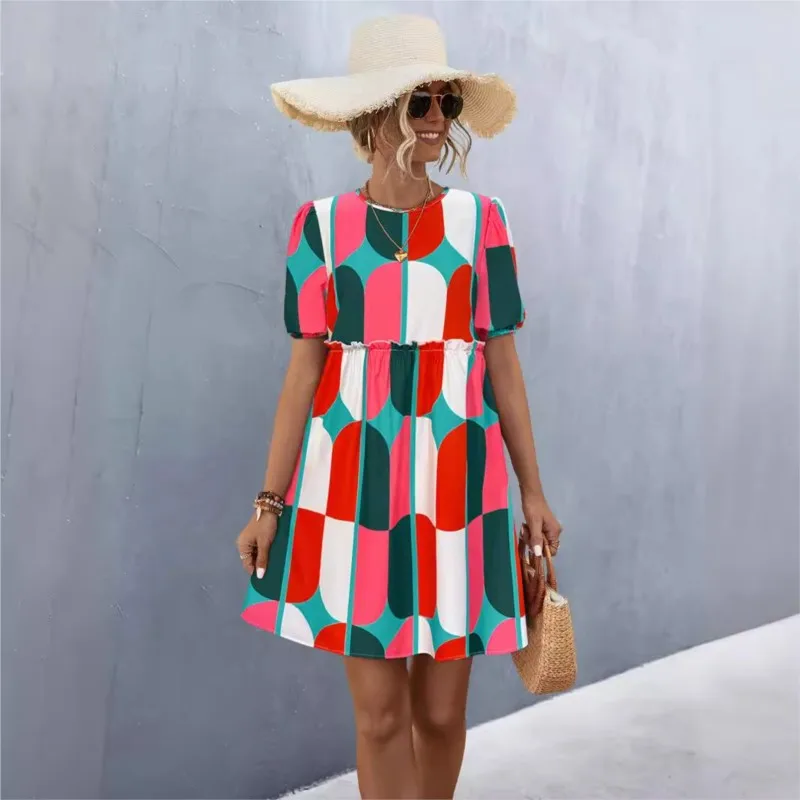 

Summer New Women's Round Neck Bubble Sleeve Printed Dress Fashionable Geometric Printed High Waisted A-Line Dress Vestidos