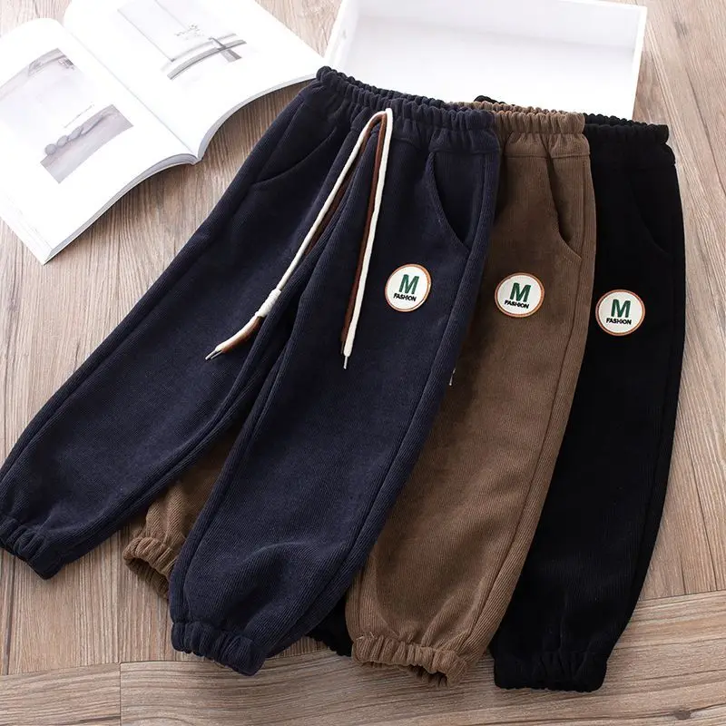 

Children's Corduroy Pants 2023 Spring Autumn Boys Girls Causal Sport Cuffed Drawstring Elastic Waist Letter Labeling 3-12 Yrs