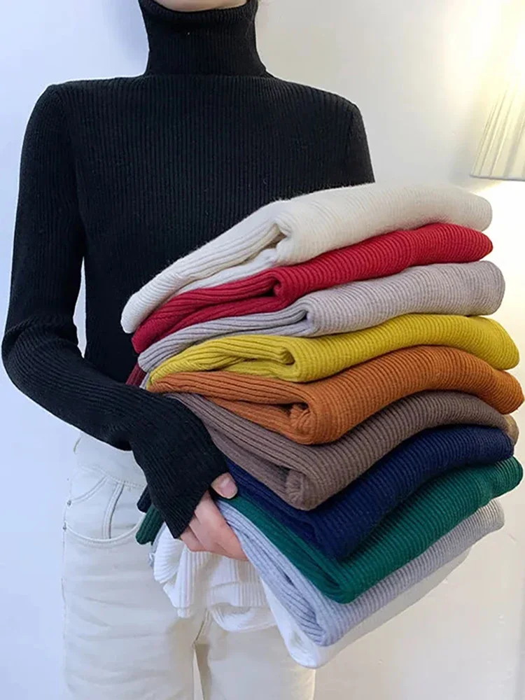 

New 2024 Women Pullover Turtleneck Sweater Autumn Long Sleeve Slim Elastic Korean Simple Basic Cheap Jumper Solid Color Top