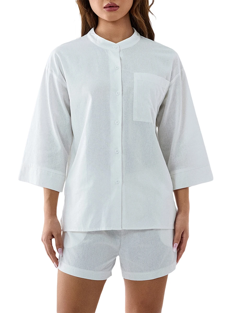 Women 2 Piece Pajamas Set Solid Color 3 4 Sleeves Button Tops and Elastic Shorts Loungewear Soft Sleepwear for Nightwear
Women 2 Piece Pajamas Set Solid Color 3 4 Sleeves Button Tops and Elastic Shorts Loungewear Soft Sleepwear for Nightwear