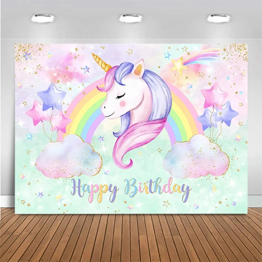 

Unicorn Backdrop Rainbow Clouds Stars Child Birthday Party Newborn Baby Shower Photography Background Customize Banner Photocall