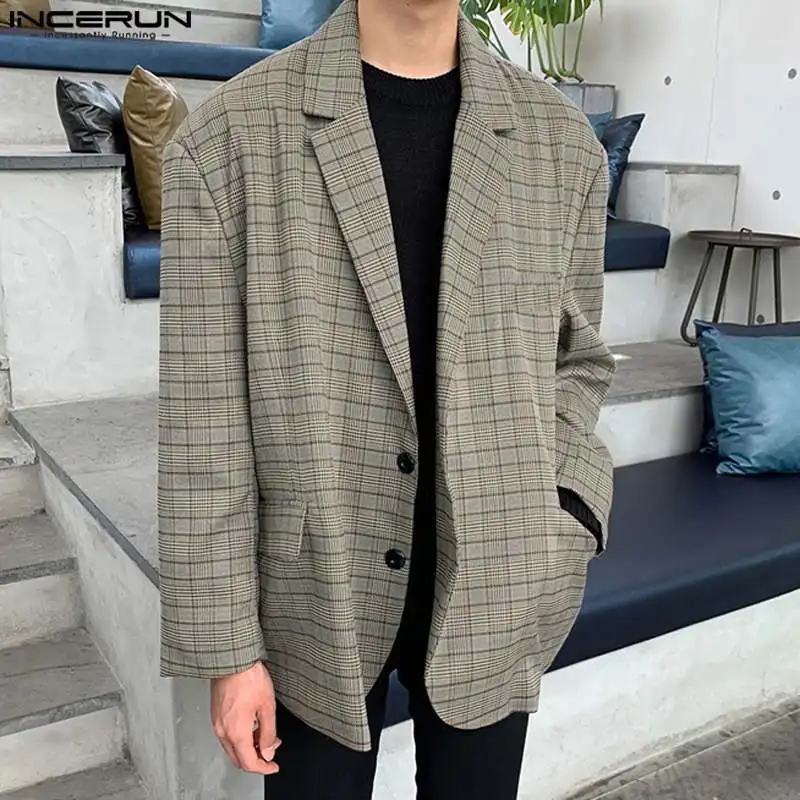 

Korean Style New Men's Checkered Blazers Casual Male Shoulder Drop Design Loose Long Sleeved Suit Coats S-5XL INCERUN Tops 2023