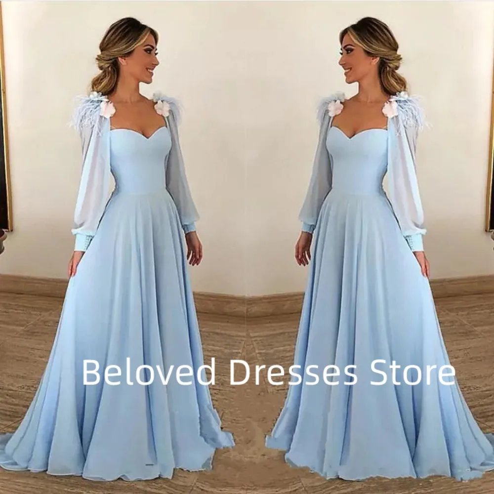 

Evening dress, sky blue ball dress, party V-neck mermaid decal, feather tie, plus size new custom long sleeved slim fit illusion