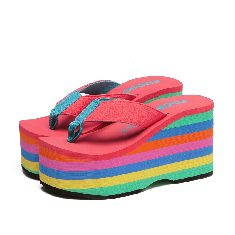 

Rainbow Color Muffin Bottom Flip-Flops Waterproof Table Super High Heel Beach Lazy Slippers Casual Lightweight Women's Sandals