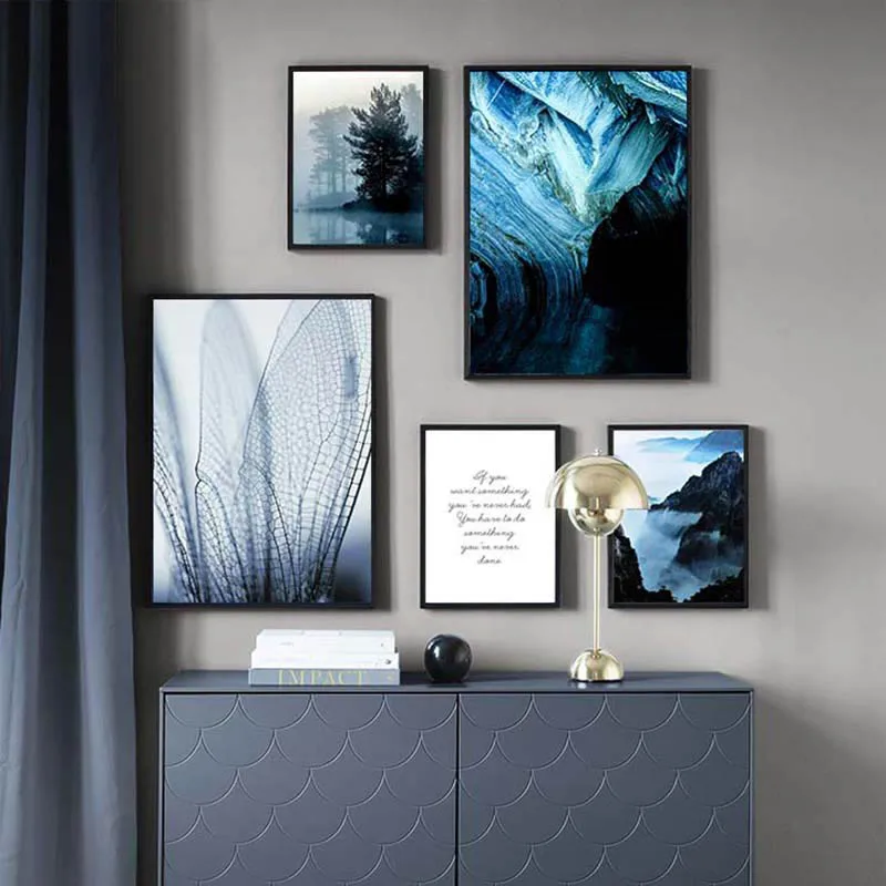 Blue Theme Foggy Mountain Forest Poster Nature Scenery Moth wings Canvas Painting HD Print Scandinavian Pictures Home Decor |